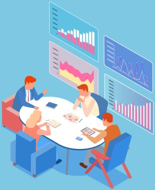 Çalışanlar istatistiksel göstergeleri, iş verilerini analiz ederler. Karakterler pazarlama araştırmalarıyla çalışır
