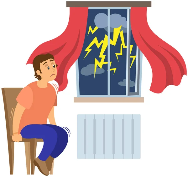Male character looks at rainy weather outside window. Terrified man shocked by thunder and lightning — Stock Vector