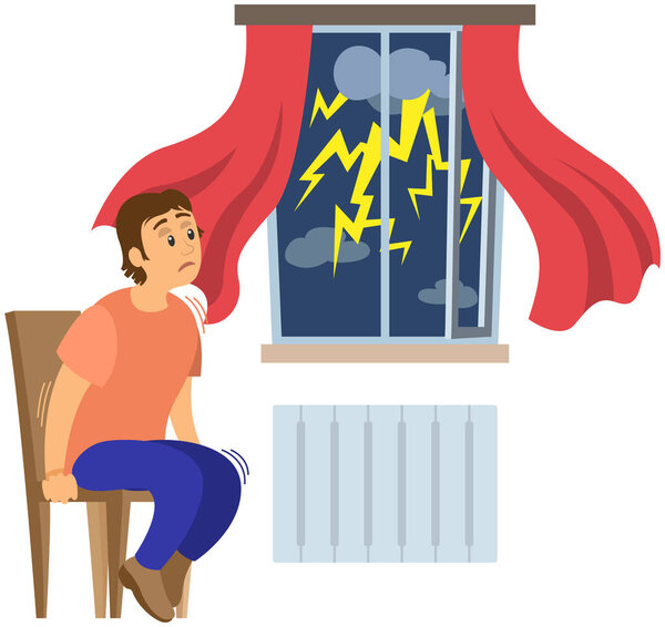 Male character looks at rainy weather outside window. Terrified man shocked by thunder and lightning