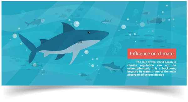 Influence on climate information banner with underwater ocean life of sharks, jellyfish and fish — Stockvektor