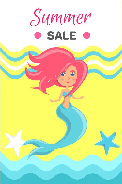 Venta de verano con sirena en el mar. Banner publicitario con vida submarina. Afiche de cierre estacional — Vector de stock