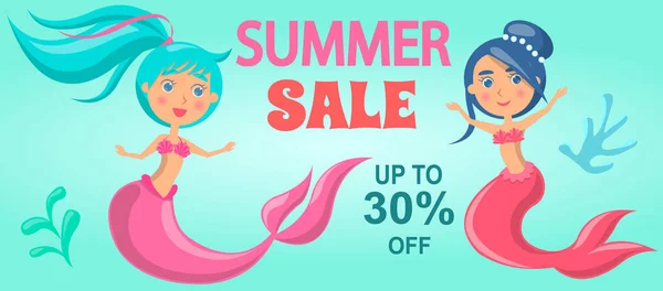 Summer sale with mermaid at sea. Advertising banner with underwater life. Seasonal closeout poster — Stock Vector