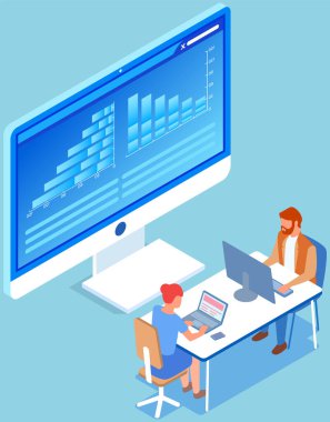 Çalışanlar istatistiksel göstergeleri, iş verilerini analiz ederler. Karakterler pazarlama araştırmalarıyla çalışır