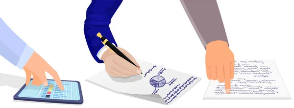 Hand toont vinger aan hand tekst op blad voor zakelijke bijeenkomst in functie. Hand in blauw pak houdt pen vast — Stockvector