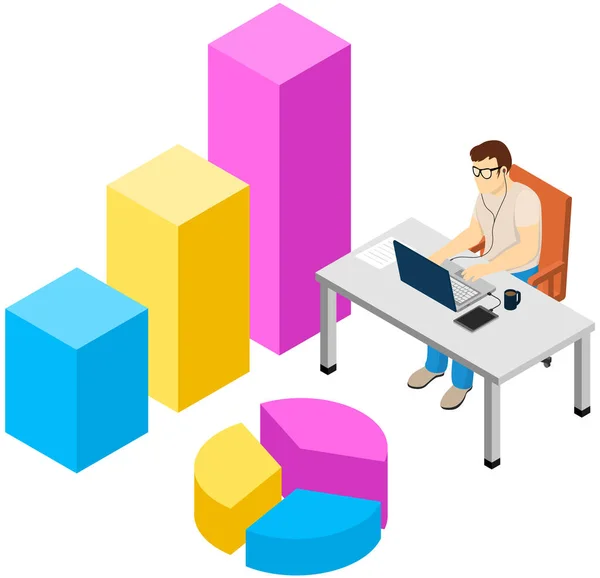 Os funcionários analisam indicadores estatísticos, dados de negócios. Trabalhos de personagens com pesquisa de marketing —  Vetores de Stock