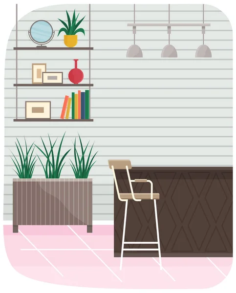 Plaatsing van meubels en decoraties in het appartement. Interieur kamer met kinderstoel, bar — Stockvector