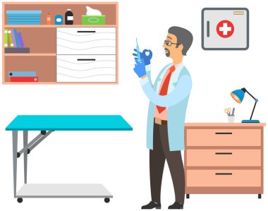 Tıbbi uzman şırıngayı aşı ile tutuyor. Hastanede viral hastalıkların tedavisi