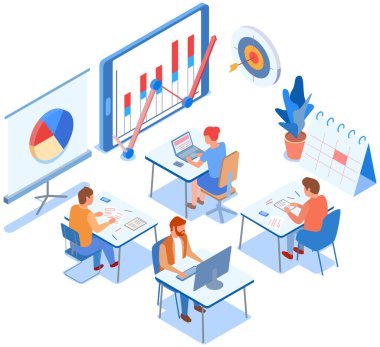 Çalışanlar istatistiksel göstergeleri, iş verilerini analiz ederler. Karakterler pazarlama araştırmalarıyla çalışır