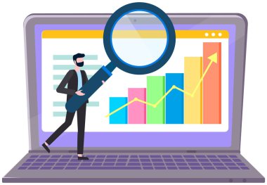 Büyüteçle iş adamı iş verilerini analiz eder, dizüstü bilgisayarla istatistiksel araştırma yapar.