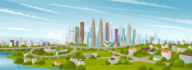 Orta Kuala Lumpur 'un Panorama şehir manzarası. Ünlü binalar ve işaretler Malezya 'yı kapsıyordu. Şehir merkezi gündüz vakti