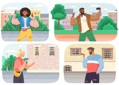 Akıllı telefon, cihaz, cep telefonu kullanan insanlar. Mobil internet, sosyal medya. Akıllı telefondan selfie çekmek