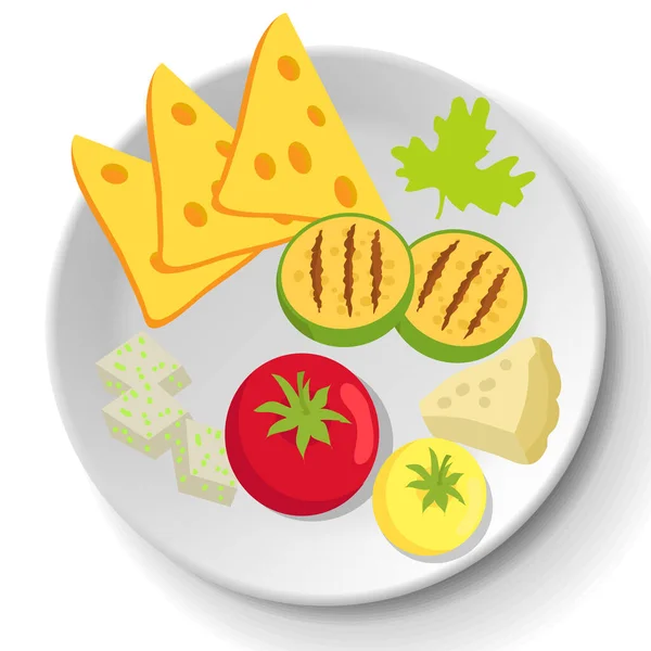 Surtido de verduras a la parrilla y queso en el plato. .. Plato de tomate, calabaza, queso cheddar y brie — Vector de stock