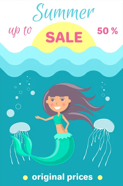 Sommerverkauf mit Meerjungfrau auf See. Werbebanner mit Unterwasserleben. Saisonabschluss-Plakat — Stockvektor