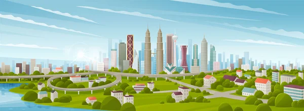 Paisaje urbano panorámico de Kuala Lumpur medio. Edificios famosos y monumentos incluyen Malasia. Centro de la ciudad día — Archivo Imágenes Vectoriales