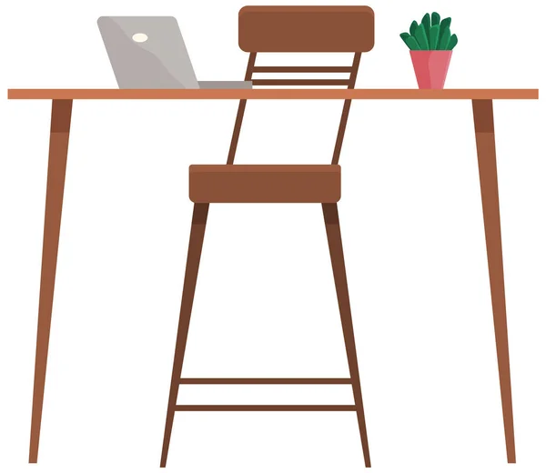 Local de trabalho moderno com design plano de computador. Cadeira de escritório e mesa com laptop, vaso isolado planta — Vetor de Stock