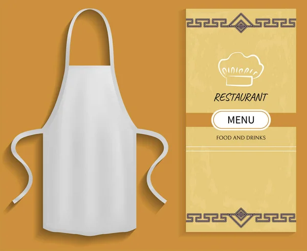 Ropa para cocinar en la cocina cerca del menú del restaurante. Delantal junto a la lista de alimentos y bebidas — Vector de stock