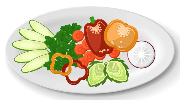 Assorted fresh natural vegetables on plate. Paprika, carrots, radishes, lettuce and artichoke dish — Stock Vector