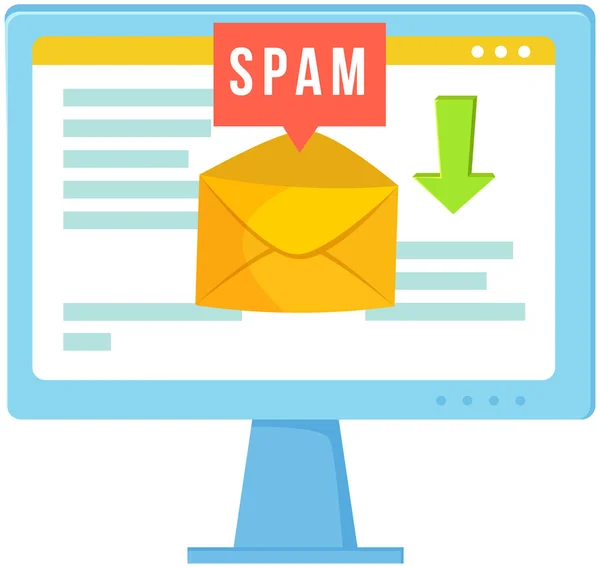 Spam email signe d'avertissement. Concept de virus, piratage, piratage et sécurité. Enveloppe avec spam — Image vectorielle