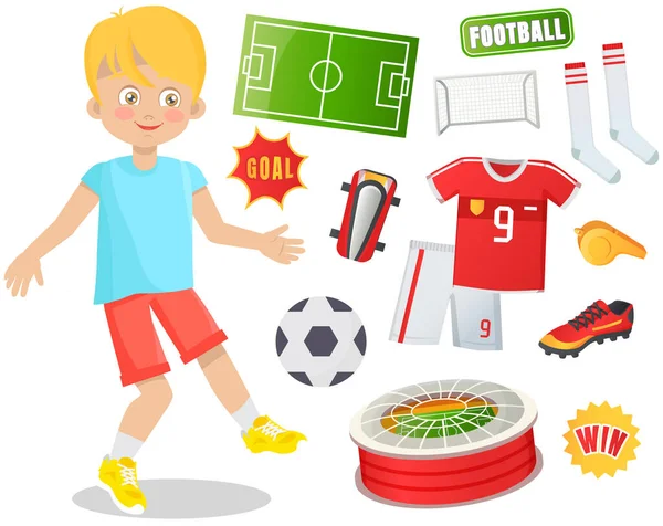 Boy soccer football player. Kids future dream professional sportive career with football attributes — Stock Vector