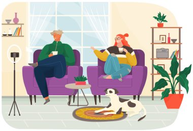 Köpek koltuklarda oturan insanlar canlı yayın yapıyor, podcast kaydediyor, akıllı telefondan talk show yapıyorlar.