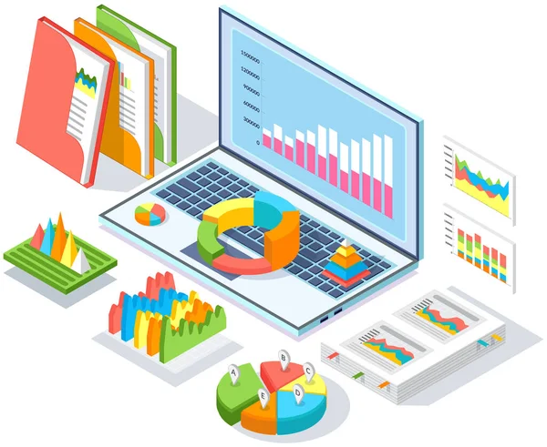 Analyser les indicateurs statistiques, les données commerciales. Travailler avec la recherche marketing. Analyse des données isométrique — Image vectorielle