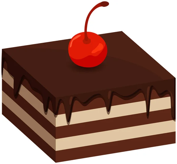Cremiger hausgemachter Schokoladenkuchen mit dunkler Glasur. Feiertagsdessert, Kuchen mit Sahne und Kirsche — Stockvektor