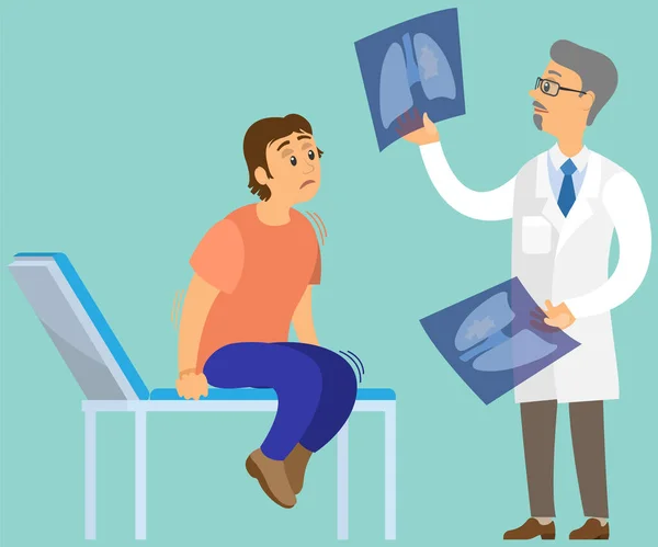 Adam doktor ve tıbbi bakım korkusundan muzdarip. Radyoloji uzmanı korkmuş bir hastaya röntgen filmi gösteriyor. — Stok Vektör