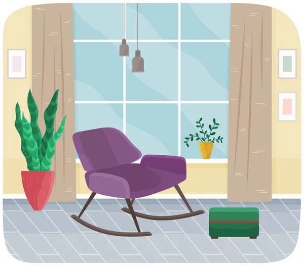 Intérieur du salon avec fauteuil à bascule violet, tapis rayé, plante en pot et grande fenêtre — Image vectorielle