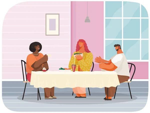 Amigos homens e mulheres sentados no café ou restaurante comendo bolos e bebendo café, comunicando — Vetor de Stock