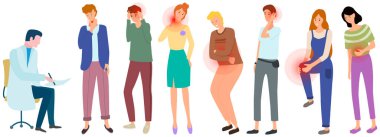 Ağrılı eklemleri olan hastalar doktorla görüşüyor. Acı çeken üzgün insanlar.