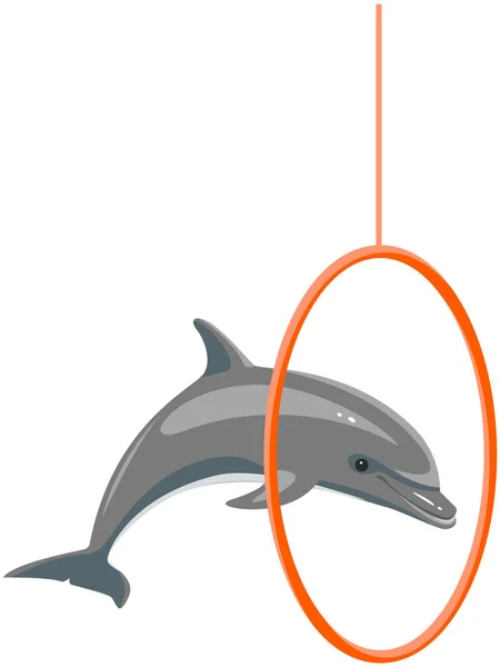 Дельфін показує трюки, стрибаючи через кільце. Морський ссавець виступає в дельфінарії — стоковий вектор