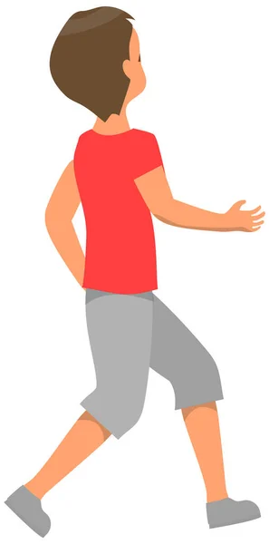 Joven con ropa casual caminando y mirando hacia atrás. Vista posterior del niño con pantalones cortos y camiseta — Vector de stock