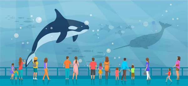 Orang-orang menonton pemandangan bawah laut dengan ikan paus besar di lautan. Akuarium dengan paus pembunuh - Stok Vektor