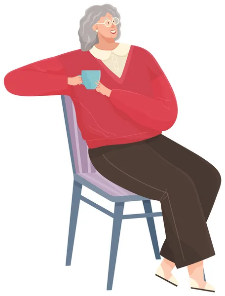 Взрослая женщина сидит дома на диване, пьет кофе, отдыхает после работы, думает о чем-то — стоковый вектор