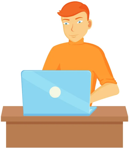 Working male character employee in office sitting at table with computer typing on keyboard — Stock Vector