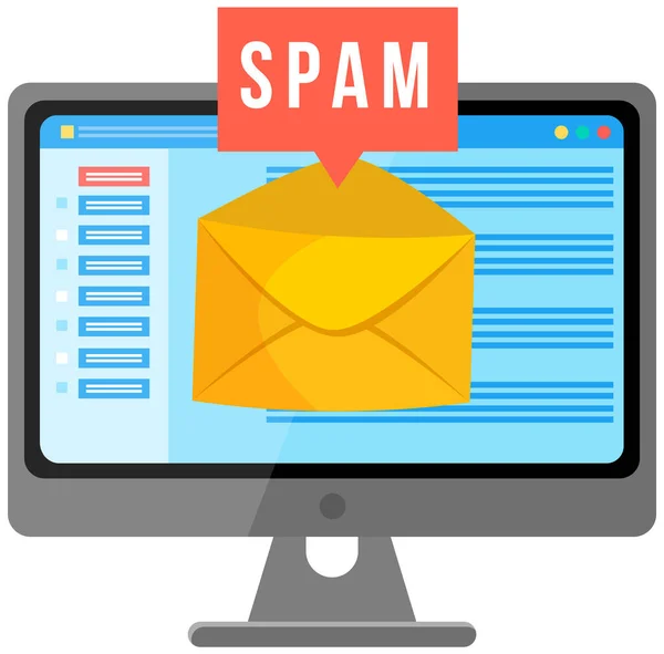 Spam e-mail waarschuwingsbord. Concept van virus, piraterij, hacken en beveiliging. Envelop met spam — Stockvector