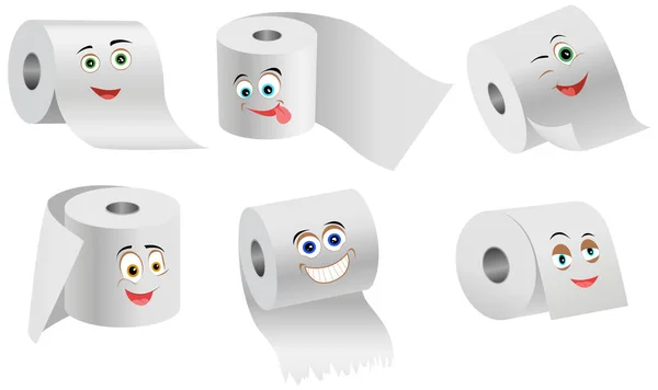 Cartoon smiling funny toilet paper set. Paper product is used for sanitary and hygienic purposes — Stock Vector