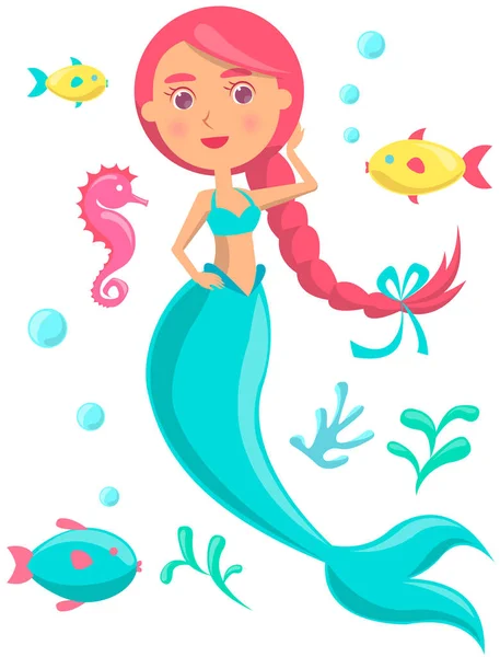 Vida submarina de sirena, peces azules, caballitos de mar, coral y algas marinas en el océano. Dibujos animados ninfa agua — Archivo Imágenes Vectoriales