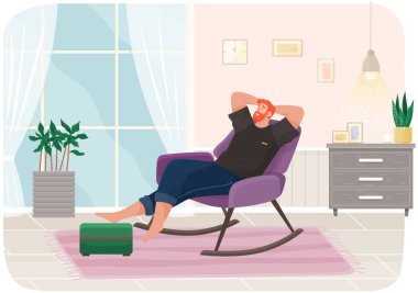 Dairedeki kanepede yatan adam. Mutlu genç adam rahatlıyor, rüya görüyor. Kanepede dinlen, evde dinlen.