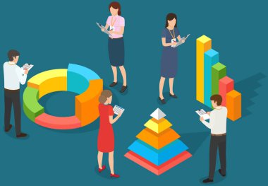 Çalışanlar istatistiksel göstergeleri, iş verilerini analiz ederler. Karakterler pazarlama araştırmalarıyla çalışır