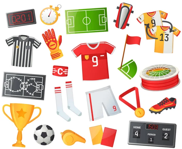 Soccer symbols set, sport football vector banner. Uniform and awards isolated, team championship — Stock Vector