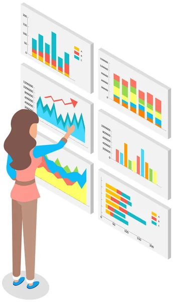 Os funcionários analisam indicadores estatísticos, dados de negócios. Trabalhos de personagens com pesquisa de marketing — Vetor de Stock