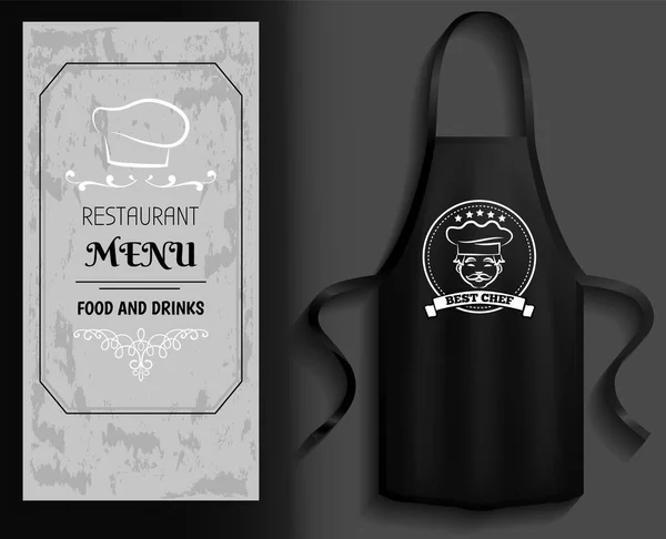 Kleding voor het koken in de keuken in de buurt van restaurant menu. Apron naast lijst van eten en drinken — Stockvector