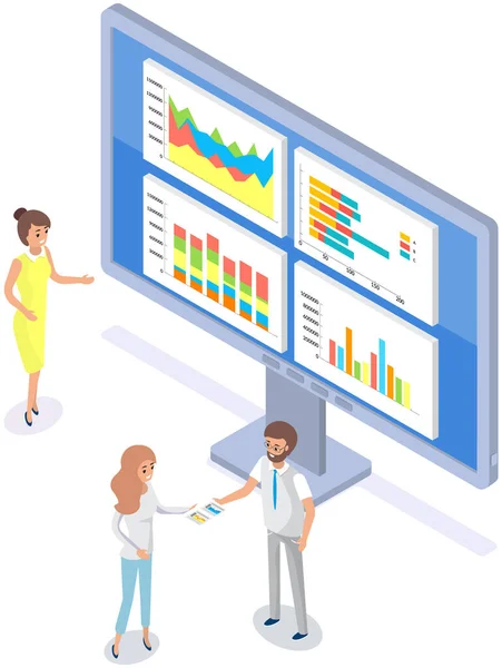 Los empleados analizan indicadores estadísticos, datos empresariales. Los personajes trabajan con la investigación de marketing — Vector de stock