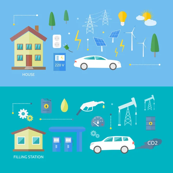 Electric cars and petrol car — Stock Vector