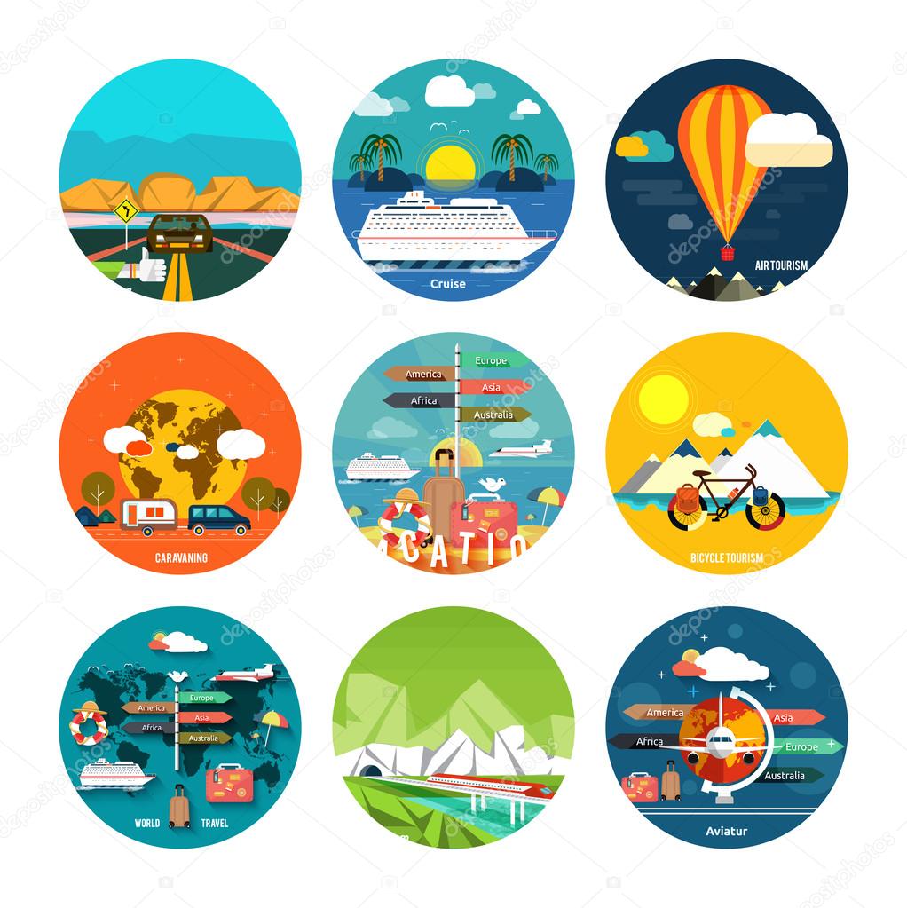 Icons set of traveling and planning a summer vacation