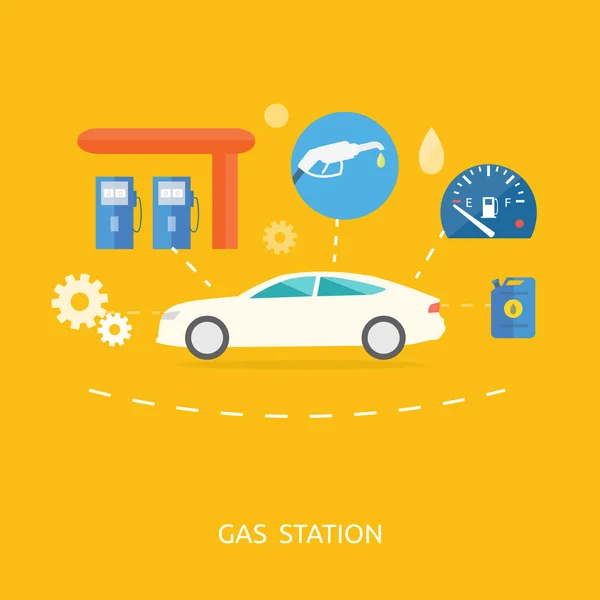 Auto v čerpací stanici. palivo benzin automat čerpadlo úchyty a sloupy — Stockový vektor