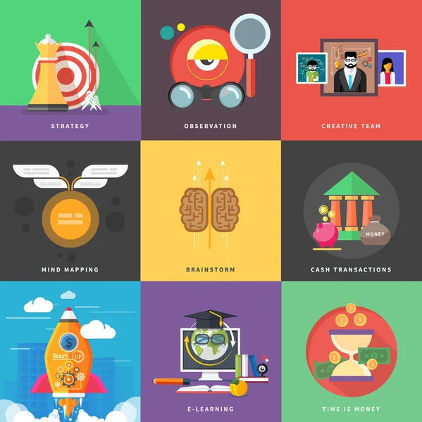 Iconos para transacciones en efectivo, headwork, estrategia, puesta en marcha — Vector de stock