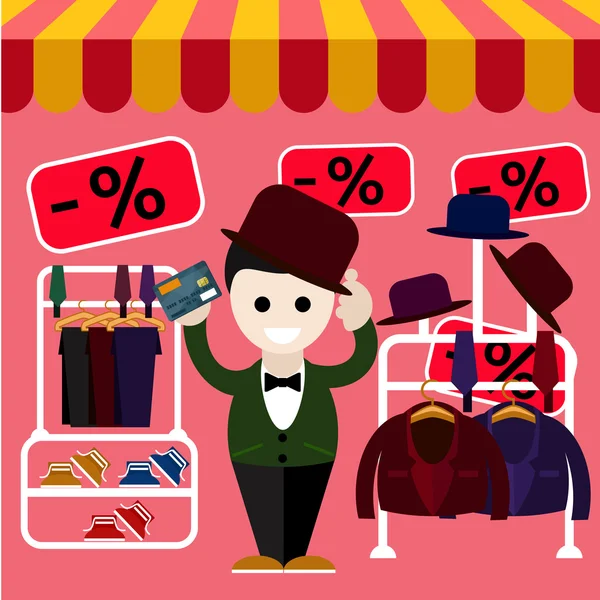 Człowiek wybiera doskonałe ubrania i kapelusz w sklepie — Wektor stockowy