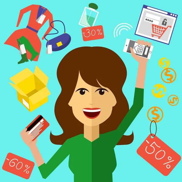 Mujer feliz con una tarjeta y teléfono en las manos — Vector de stock